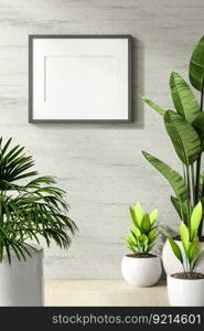 3D illustration.Poster mockup with vertical frame standing on floor and flowers in vase on gray wall background in living room . 3D rendering, 