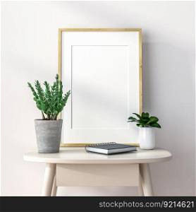 3D illustration.Poster mockup with vertical frame standing on floor and flowers in vase on gray wall background in living room . 3D rendering, 