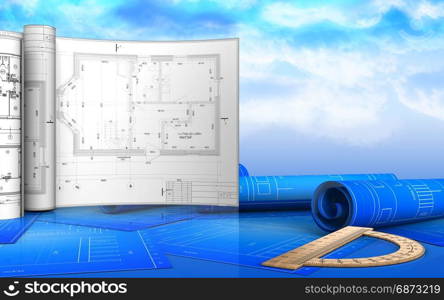 3d illustration protractor with drawings over sky background. 3d