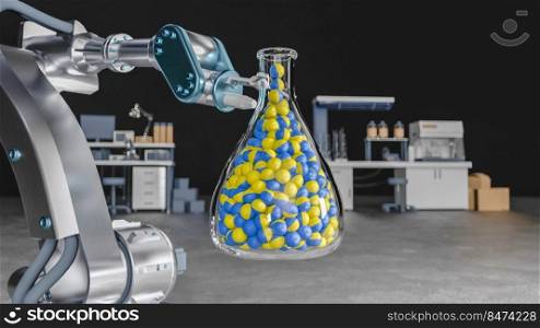 3d illustration, research, discovery concept, robot arm holding a test tube with a   ukrainian national pills