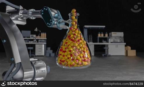 3d illustration, research, discovery concept, robot arm holding a test tube with a spanish national pills