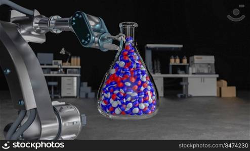 3d illustration, research, discovery concept, robot arm holding a test tube with a   russian national pills