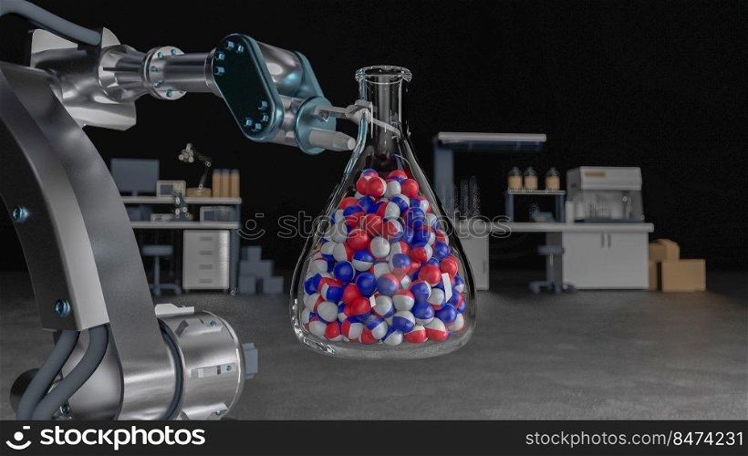 3d illustration, research, discovery concept, robot arm holding a test tube with a 

french national pills