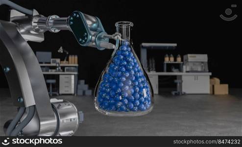 3d illustration, research, discovery concept, robot arm holding a test tube with a european national pills