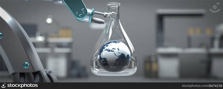 3d illustration, research, discovery concept, robot arm holding a test tube with a world globe