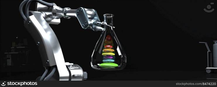 3d illustration, research, discovery concept, robot arm holding a test tube with a zen stones
