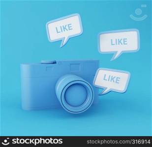 3d illustration. Retro Photo Camera with Like pin on blue background. Social Network concept.