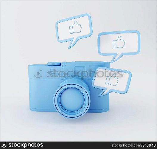3d illustration. Retro Photo Camera with Thumbs up pin on white background. Social Network concept.