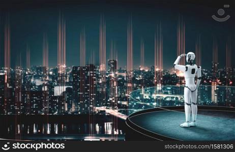 3D illustration robot humanoid looking forward against cityscape skyline . Concept of leadership, idea and vision for futuristic development of artificial intelligence AI .