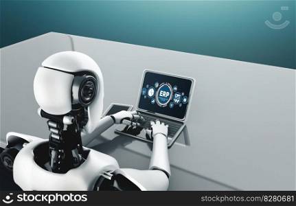 3D illustration - Robot using modish computer software. ERP enterprise resource planning software for modish business