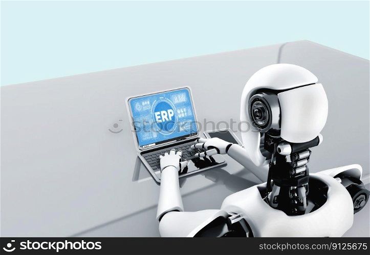 3D illustration robot using modish computer software. ERP enterprise resource planning software for modish business