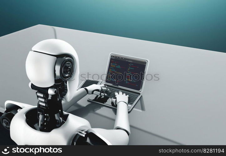 3D illustration - Robot using modish computer software. Software development programming on computer screen for modish application