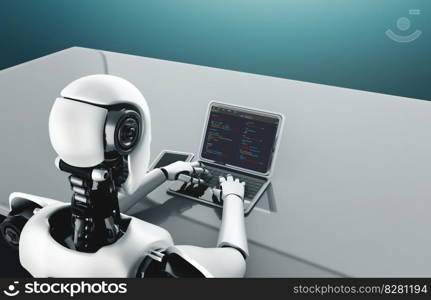 3D illustration - Robot using modish computer software. Software development programming on computer screen for modish application