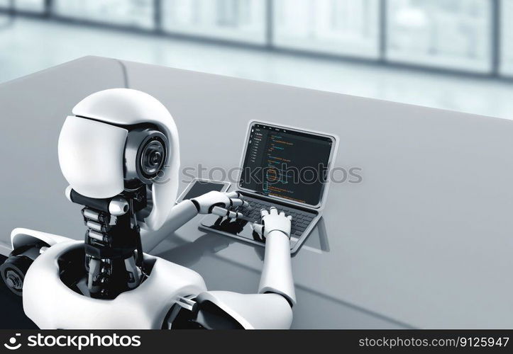 3D illustration robot using modish computer software. Software development programming on computer screen for modish application