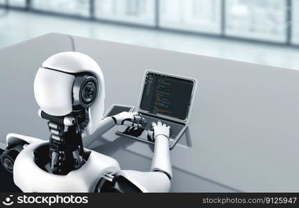 3D illustration robot using modish computer software. Software development programming on computer screen for modish application