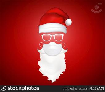 3d illustration Santa Claus face with medical mask - hat - glasses - beard and mustache. Christmas Santa design elements. Holiday icons. New year