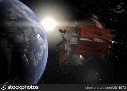 3d illustration. Santa Claus flies over the Earth with a spectacular sunset . copy space for logo and text
