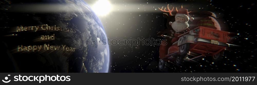 3d illustration. Santa Claus flies over the Earth with a spectacular sunset . copy space for logo and text
