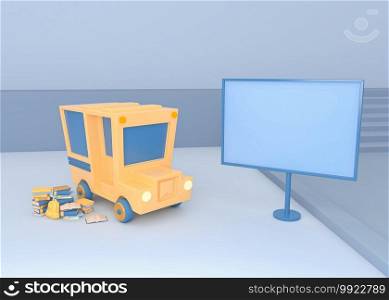 3D Illustration. School bus with a blank sign board. Back to school. Education concept.