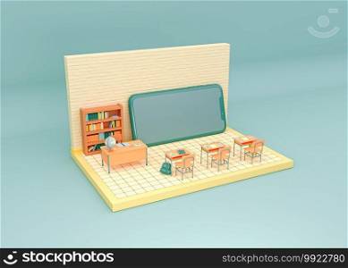 3D Illustration. School classroom with a smartphone in front. E-learning and online education concept. New normal lifestyle.