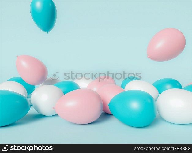 3D Illustration. Set of colorful balloons on color pastel background. Celebration and decorative concept.