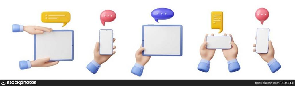 3D illustration set of hands with gadgets and chat message bubbles. People texting from smartphone, tablet with touchscreen in vertical, horizontal position. Communication in social media messenger. 3D hands with gadgets and chat message bubbles