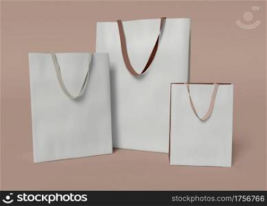 3d illustration. Set of three shopping bags on isolated background. Packaging concept.