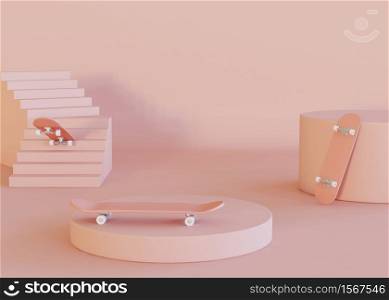 3D Illustration. Set of three skateboards on pastel color background. Minimalism concept. Minimal design elements.