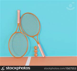 3D Illustration. Set of two tennis Rackets and balls. Abstract tennis background. Minimalism concept. Sport concept.