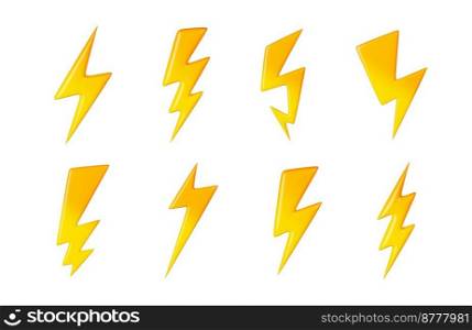 3D illustration set of yellow lightning signs of different shape isolated on white background. Collection of electric or magic super power, energy charge or high speed symbols. Gui design element. 3D illustration set of yellow lightning signs