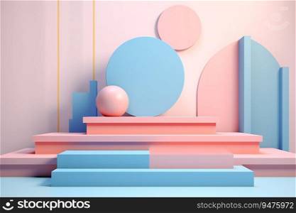 3D illustration shows a pastel podium decorated with geometric elements. It is a modern product display mockup marketing, advertising, or branding.Generative AI