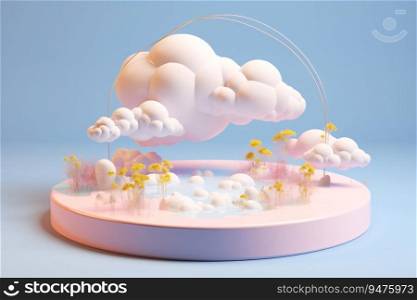 3D illustration shows a white podium with clouds flying in the air on a blue background. It is a modern product display mockup, advertising, or branding. Generative AI