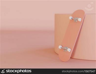 3D Illustration. Skateboard on pastel color background. Minimalism concept. Minimal design elements.