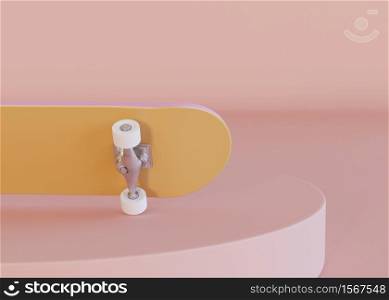 3D Illustration. Skateboard on pastel color background. Minimalism concept. Minimal design elements.