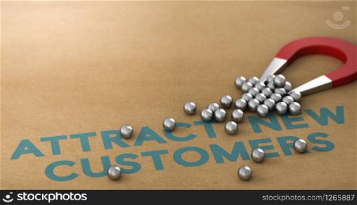 3D illustration. Slogan attract new customers written on paper background with horseshoe magnet attracting spheres. Attract New Customers Concept