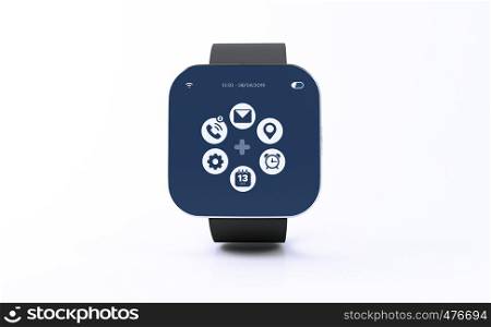 3d illustration. Smart watch with application icons on white background. Technology concept.
