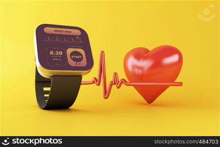 3d illustration. Smart watch with health app icon. Technology and healthy lifestyle concept.