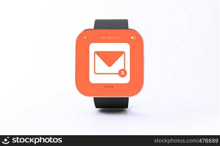 3d illustration. Smart watch with mail screen interface on white background. Technology concept.