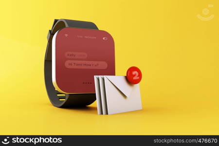 3d illustration. smart watch with unread message icon on yellow background. Mail Communication concept.