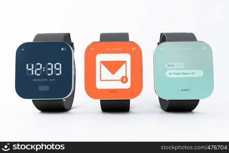 3d illustration. Smart watches or clocks with colorful screen interface on white background. Technology concept.