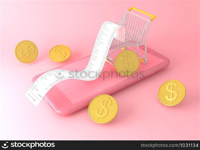 3D Illustration. Smartphone, shopping trolley and coins with long receipt. Shop online and shop concept.