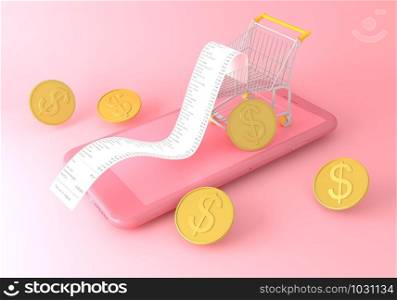 3D Illustration. Smartphone, shopping trolley and coins with long receipt. Shop online and shop concept.