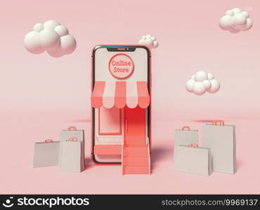 3D Illustration. Smartphone with a store on the screen and with paper bags on a side. Online shop concept.