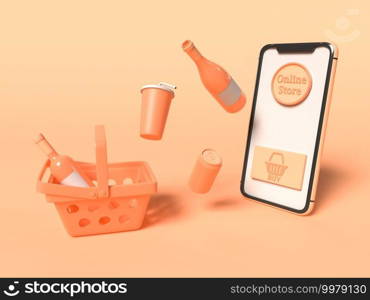 3D Illustration. Smartphone with shopping cart and products. Shop online and technology concept.
