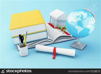 3d illustration. Stack of book with rolled diploma, globe and university building. World graduation concept.