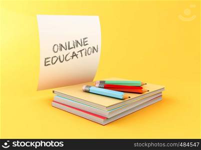3d illustration. Stack of colorful books, pencils and sheet of paper on yellow background. Education concept.