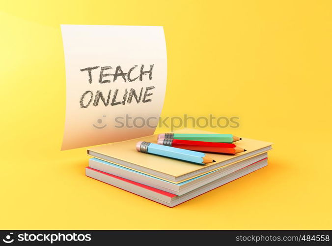 3d illustration. Stack of colorful books, pencils and sheet of paper on yellow background. Education concept.