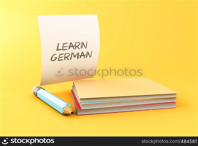 3d illustration. Stack of colorful books, pencils and sheet of paper on yellow background. Learn language concept.