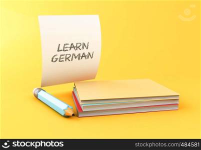 3d illustration. Stack of colorful books, pencils and sheet of paper on yellow background. Learn language concept.