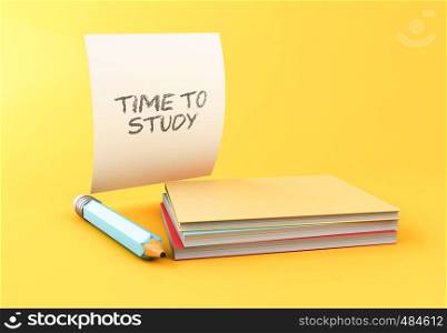 3d illustration. Stack of colorful books, pencils and sheet of paper on yellow background. Time to study concept.